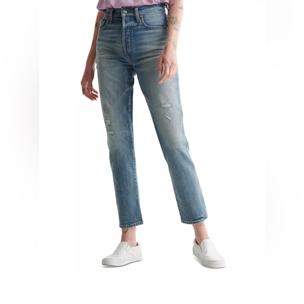 Lucky Brand Jeans Drew Distress High Rise Mom Jeans in Color Marine